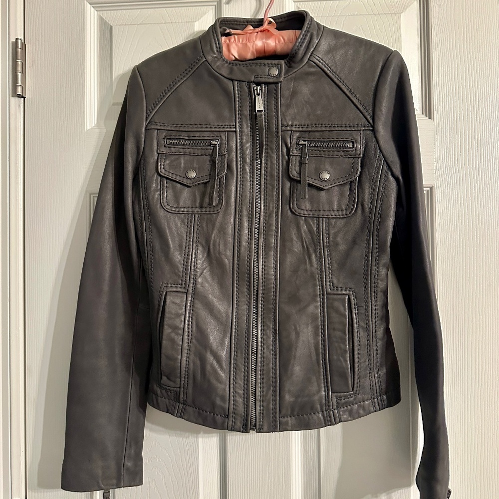 Michael Kors Gray Leather Moto Jacket - Size Small